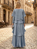 Satin A Line Square Neck Long Sleeves Long Formal Dresses with Tiered