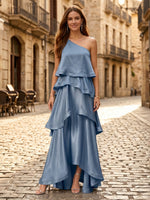 Satin A Line One Shoulder Long Formal Dresses with Tiered