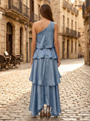 Satin A Line One Shoulder Long Formal Dresses with Tiered
