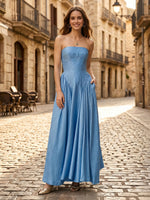 Jacquard A Line Strapless Long Formal Dresses with Pocket