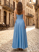 Jacquard A Line Strapless Long Formal Dresses with Pocket