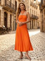 Satin A Line Halter Long Formal Dresses with Slit