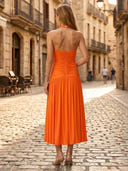 Satin A Line Halter Long Formal Dresses with Slit