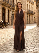 Chiffon Mermaid Halter Sleeveless Long Formal Dresses with Slit