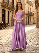 A Line Satin Spaghetti Straps Sleeveless Long Formal Dresses