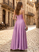 A Line Satin Spaghetti Straps Sleeveless Long Formal Dresses