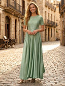 Satin A Line Scoop Neck Short Sleeves Long Formal Dresses