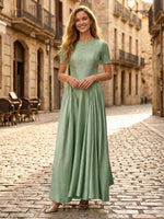 Satin A Line Scoop Neck Short Sleeves Long Formal Dresses
