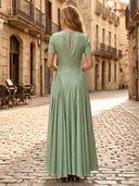 Satin A Line Scoop Neck Short Sleeves Long Formal Dresses