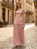 Satin A Line One Shoulder Sleeveless Long Formal Dresses