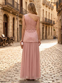 Satin A Line One Shoulder Sleeveless Long Formal Dresses