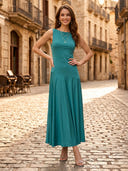 Satin A Line Boat Neck Sleeveless Long Formal Dresses