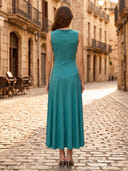 Satin A Line Boat Neck Sleeveless Long Formal Dresses