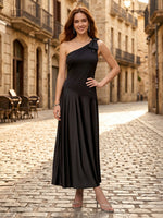 One Shoulder Satin A Line Sleeveless Long Formal Dresses
