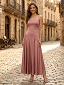 A Line Satin Spaghetti Straps Sleeveless Long Formal Dresses