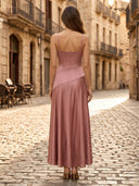 A Line Satin Spaghetti Straps Sleeveless Long Formal Dresses