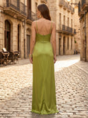 Satin Sheath Spaghetti Straps Sleeveless Long Formal Dresses
