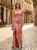 One Shoulder Sheath Satin Sleeveless Long Formal Dresses with Slit