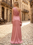 One Shoulder Sheath Satin Long Formal Dresses with Slit Wedding Guest Sleeveless Maxi Dresses