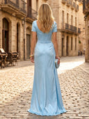 Sheath Sweetheart Satin Short Sleeves Long Formal Dresses with Slit