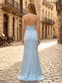Satin Sheath V Neck Sleeveless Long Formal Dresses