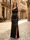 Satin Sheath One Shoulder Sleeveless Long Formal Dresses with Slit