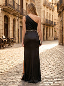 Satin Sheath One Shoulder Sleeveless Long Formal Dresses with Slit