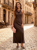 Sheath Satin Cowl Neck Sleeveless Long Formal Dresses