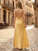 Satin Sheath V Neck Sleeveless Long Formal Dresses with Slit