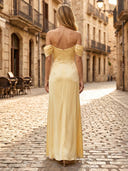 Sheath Satin Off the Shoulder Sleeveless Long Formal Dresses with Slit