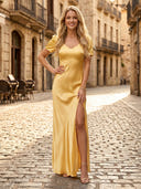 Satin Sheath V Neck Short Sleeves Long Formal Dresses with Slit
