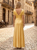 Satin Sheath V Neck Short Sleeves Long Formal Dresses with Slit