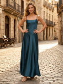 A Line Satin Spaghetti Straps Sleeveless Formal Dresses