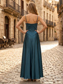 A Line Satin Spaghetti Straps Sleeveless Formal Dresses