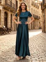 A Line Satin Scoop Neck Short Sleeves Long Formal Dresses