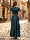A Line Satin Scoop Neck Short Sleeves Long Formal Dresses