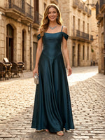 Satin A Line Off the Shoulder Sleeveless Long Formal Dresses