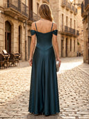 Satin A Line Off the Shoulder Sleeveless Long Formal Dresses