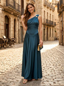 Satin A Line One Shoulder Sleeveless Long Formal Dresses