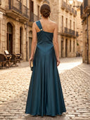 Satin A Line One Shoulder Sleeveless Long Formal Dresses