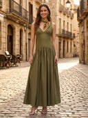 Satin A Line V Neck Sleeveless Long Formal Dresses