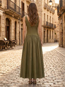 Satin A Line V Neck Sleeveless Long Formal Dresses