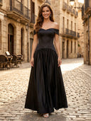 A Line Satin Off the Shoulder Sleeveless Long Formal Dresses