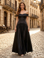 A Line Satin Off the Shoulder Sleeveless Long Formal Dresses