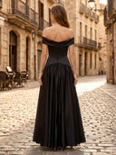A Line Satin Off the Shoulder Sleeveless Long Formal Dresses