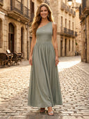 One Shoulder A Line Chiffon Sleeveless Long Formal Dresses