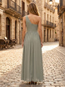 One Shoulder A Line Chiffon Sleeveless Long Formal Dresses