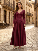 Satin V Neck A Line Long Sleeves Long Formal Dresses