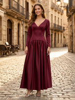 Satin V Neck A Line Long Sleeves Long Formal Dresses