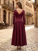 Satin V Neck A Line Long Sleeves Long Formal Dresses